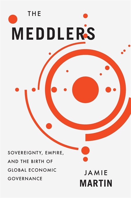 Book cover of The Meddlers by Jamie Martin. The cover is white, on the left had corner the title appears in large letters. The cover is made up of an orange dot, surrounded by orange circles and half circles.