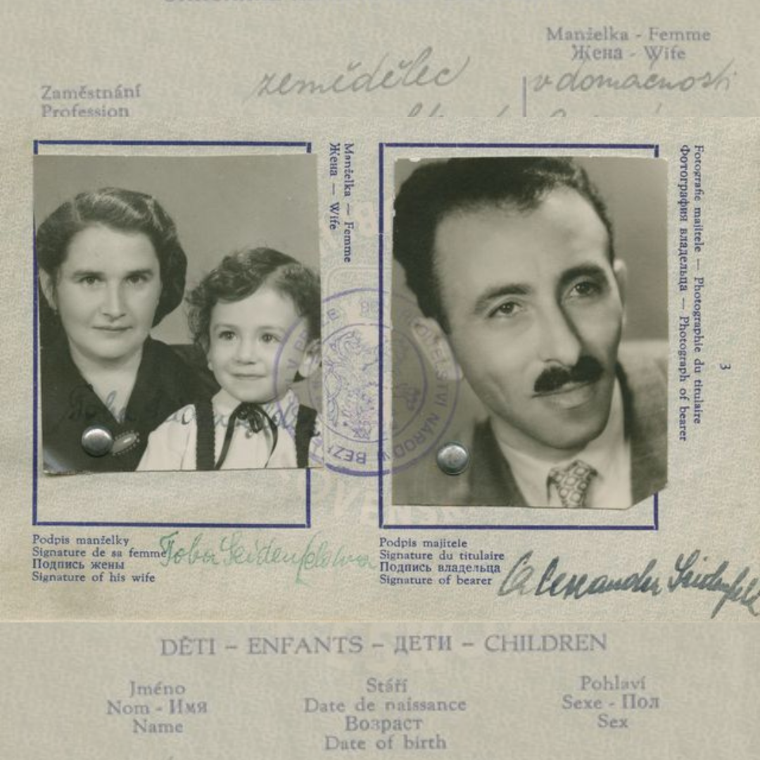 Details of a Czechoslovak passport from 1947 or 1948. On the right hand side there is a picture of man with a moustache and on the left hand side a woman with a child. Below the two images are text in Czech, French, Russian and German.