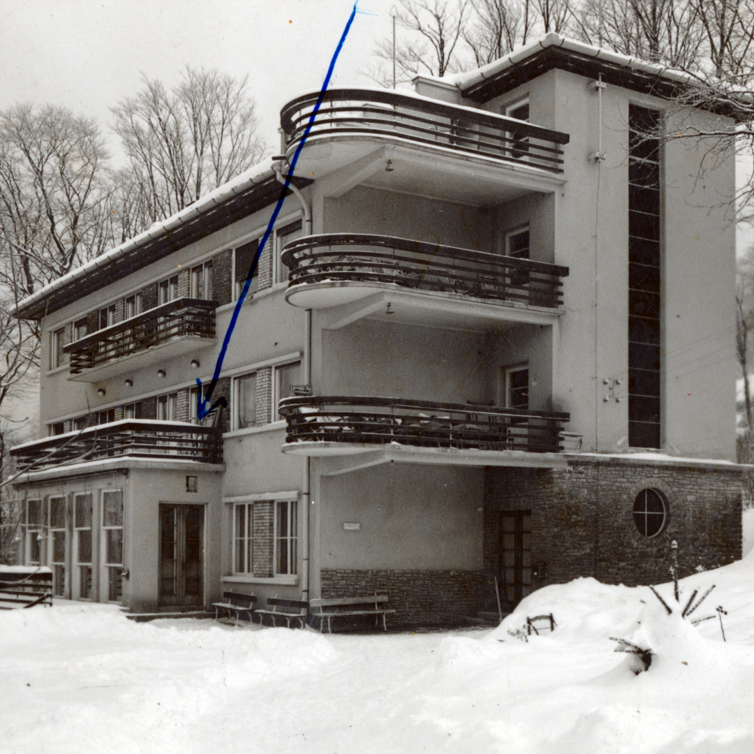 A black and white picture of a Bauhaus style building in a forest with snow in the background.