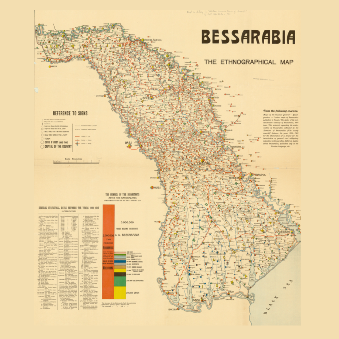 1919 ethnographical map of Bessarabia. The map is set on light brown paper. On the bottom left side there is a legend for number of inhabitants broken down by ethnicity. Alongside it there is a table with various important dates in Bessarabia's history. On the top right corner in larger, bold letters it says Bessarabia with smaller letter below it: The ethnographical map.