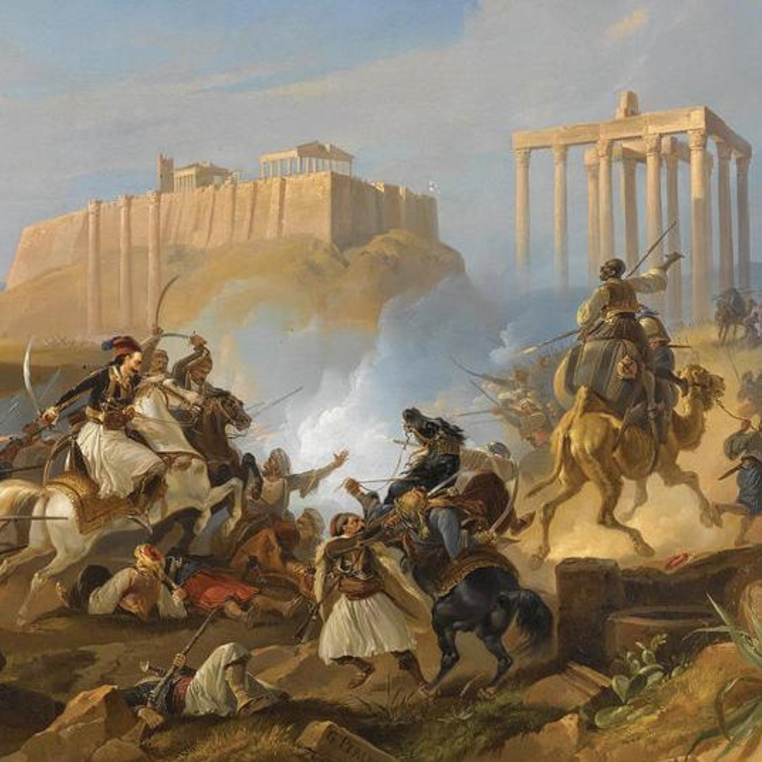 The painting depicts a battle scene during the siege of the Acropolis. In the background on the left hand side the Acropolis is visible on its rocky outcrop. On the right hand side in the background another Ancient Greek temple is visible. In the foreground, three soldiers on horseback and one on camelback are fighting with figures around them lying on the ground, presumably dead. The two horseman on the right hand side are charging towards the middle of the painting with curved swords drawn. They are all wearing traditional Greek and Ottoman attire.