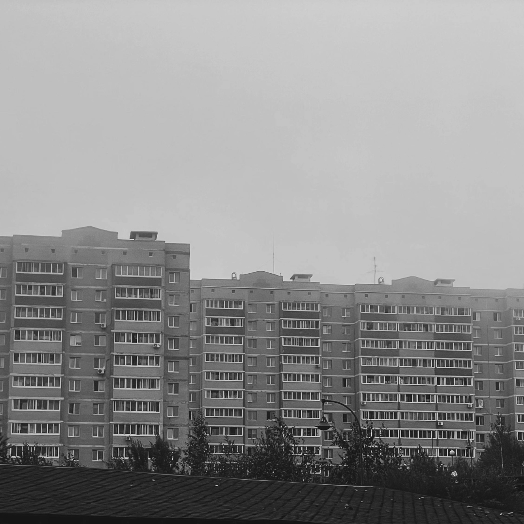 Soviet panelaks embedded in cloud and fog. The picture is back and white. In the top half of the image only the sky is visible, covered in grey clouds. In the middle of the image you can see the panels. At the bottom of the image the black outline of trees is visible and the rooftop of a neighbouring building.