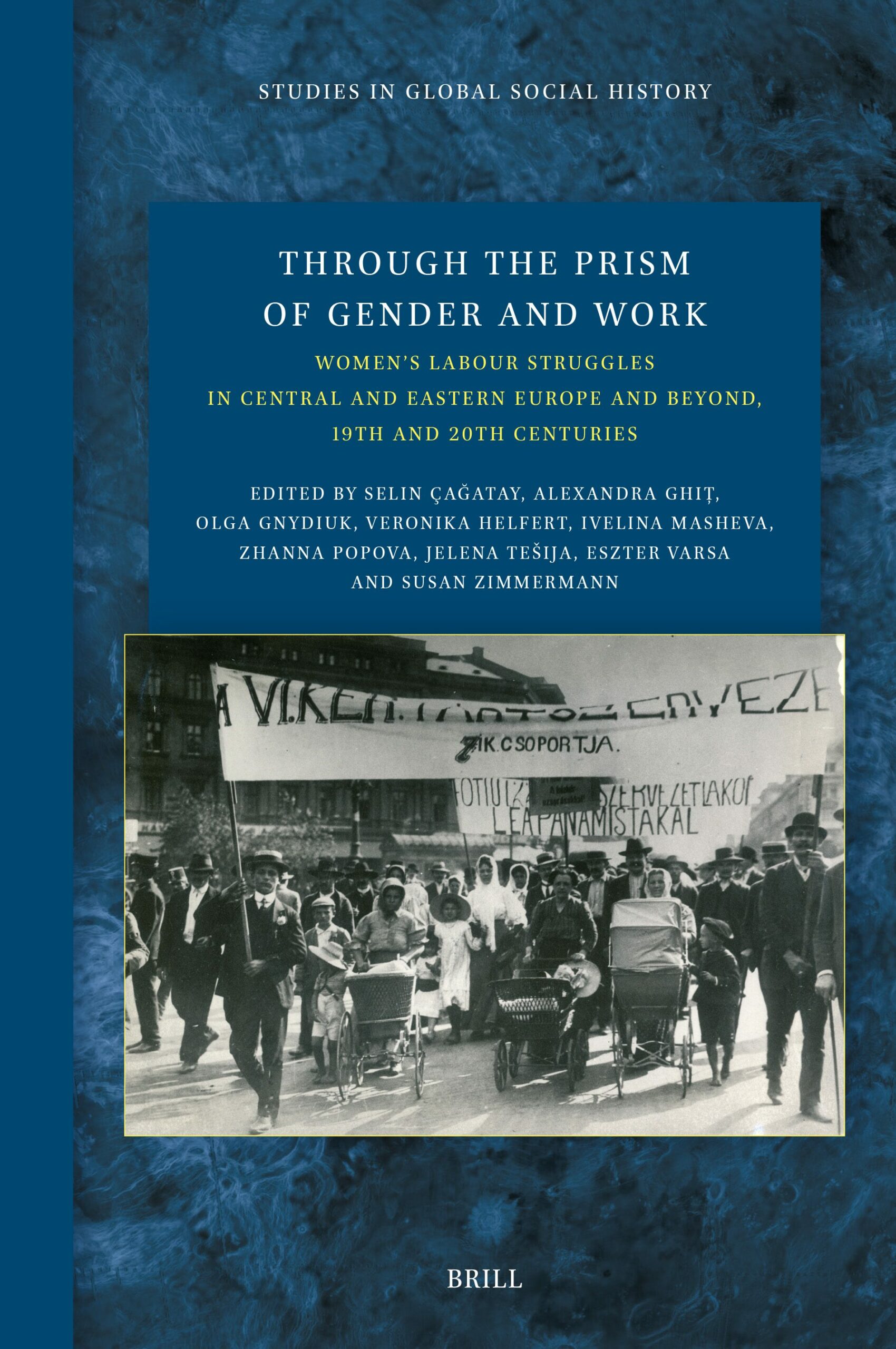 The middle of the book cover includes a black and white image of people marching with a banner. The rest of the cover is a deep shade of blue with the title appearing in a white font. The name of the editors appears in a yellow font.
