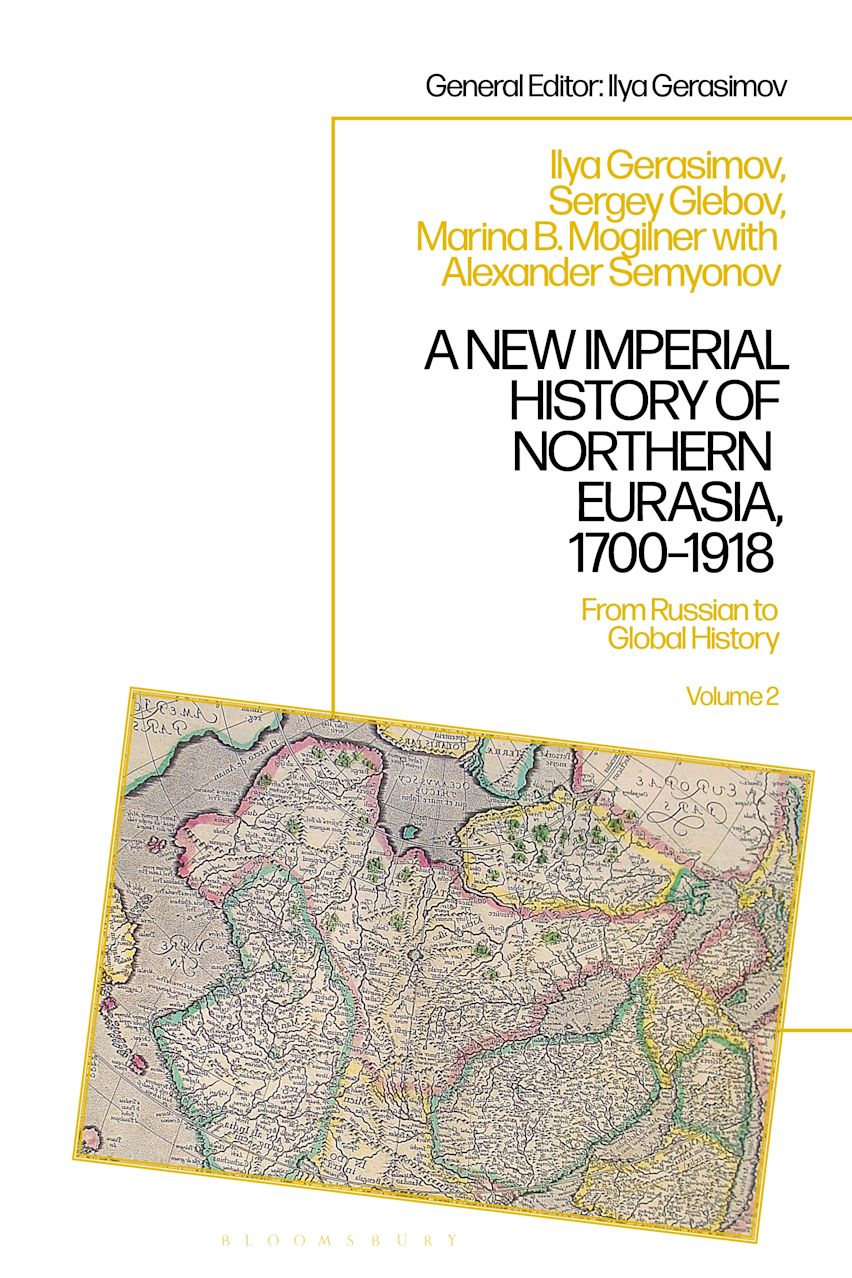 Largely white book cover, with a map of northeastern Eurasia at the bottom, tilted towards the right. On the right hand side of the cover the name of the authors is written in yellow font, and the title is written in black font.
