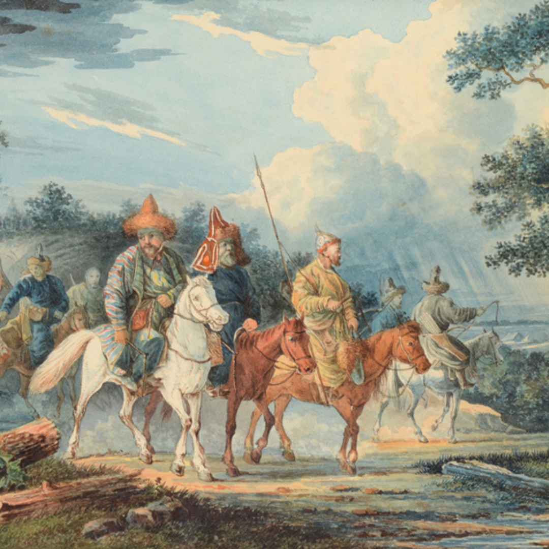Central Asian horsemen in traditional robes and hats ride across a landscape, carrying spears, under dramatic skies with sunlight breaking through clouds.