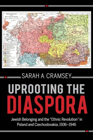 A book cover featuring a historical map of Central and Eastern Europe at the top, showing regions in various colors with political boundaries. Below the map, bold text reads “Sarah A. Cramsley” and the title “Uprooting the Diaspora” in large white and red letters. A subtitle underneath says “Jewish Belonging and the ‘Ethnic Revolution’ in Poland and Czechoslovakia, 1936–1946.” The design uses black, white, and red accents.