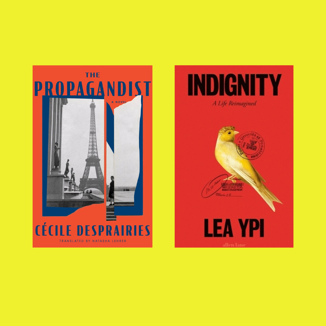 Two red book covers on a yellow background.