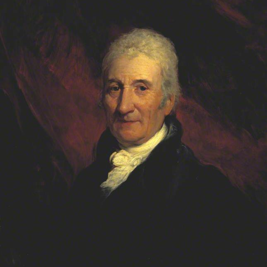 Oil portrait of an elderly man with gray hair wearing a dark coat and white cravat, facing the viewer against a dark, warm-toned background.