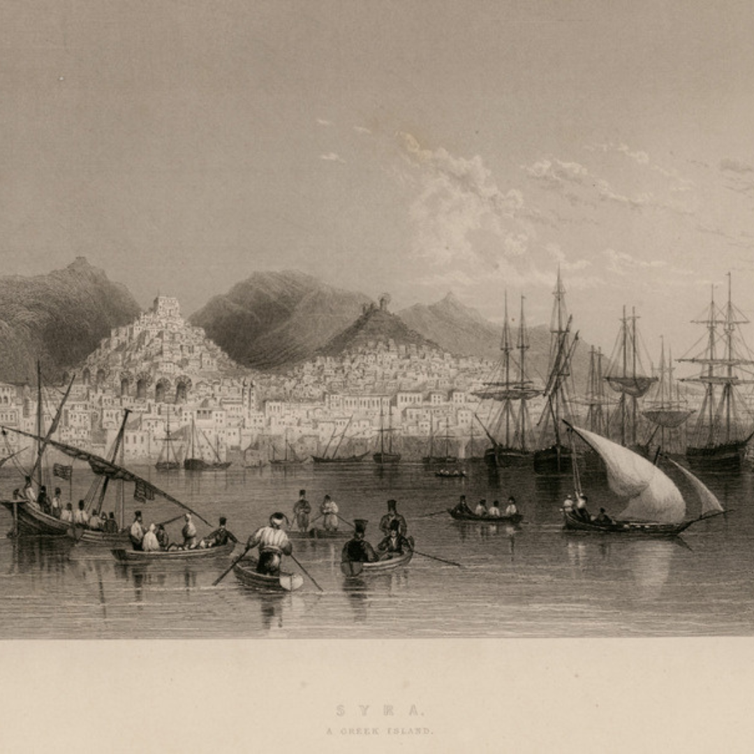Sepia-toned historical illustration of the Greek island of Syros, labeled “Syra.” The scene looks across a calm harbor with small rowboats and larger sailing ships anchored in the water. In the foreground, several groups of people sit and row in wooden boats, while others gather in nearby craft. Across the harbor, a densely built hillside town rises in tiers, with tightly packed buildings climbing toward a prominent structure at the summit. Mountains rise behind the town, and light clouds stretch across the sky.
