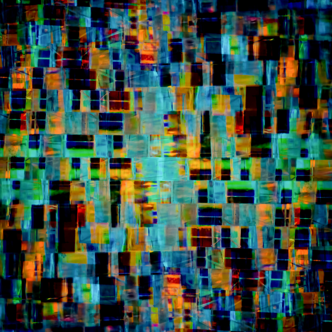 Abstract digital artwork composed of a grid of rectangular color blocks in blue, teal, orange, green, and dark red, with a glitch-like, pixelated texture suggesting fragmented or distorted data.