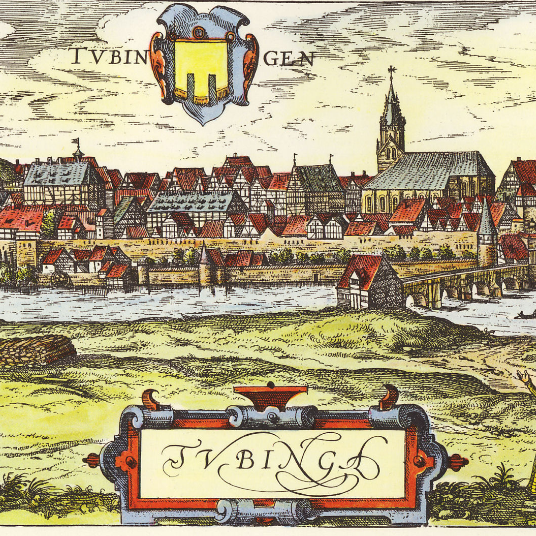 Hand-colored sixteenth-century engraving of Tübingen by Braun and Hogenberg, showing the walled town, church spire, and a bridge over the Neckar River.